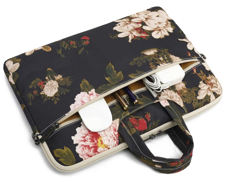 DACHEE Black Peony Patten Waterproof Shoulder Messenger Bag Case Sleeve for 14 Inch 15 Inch Laptop Briefcase 15.6 Inchâ€¦ - Image 3
